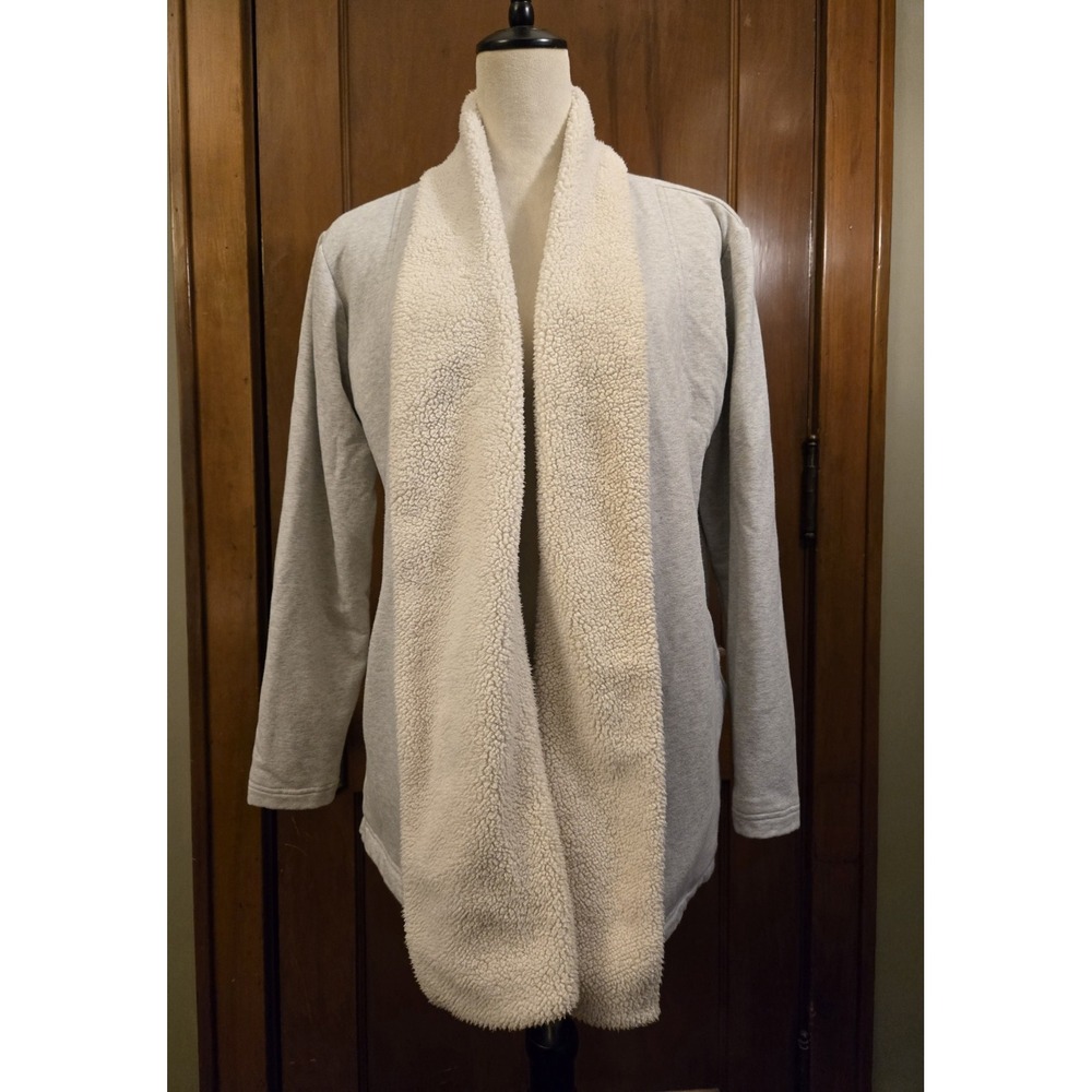 Eddie Bauer Sweater Womens Size Medium Gray Cardigan Outdoors Sherpa Lined EUC